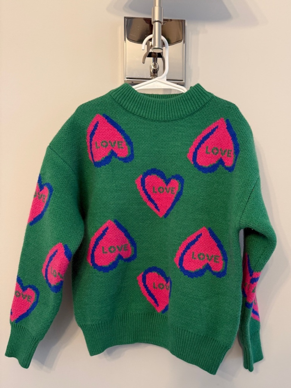 Lola + The Boys Green Sweater with Pink and Blue Heart Motifs